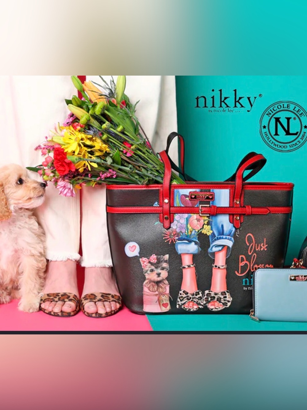 Nicole Lee Black Tote with Red Trim and Playful Print